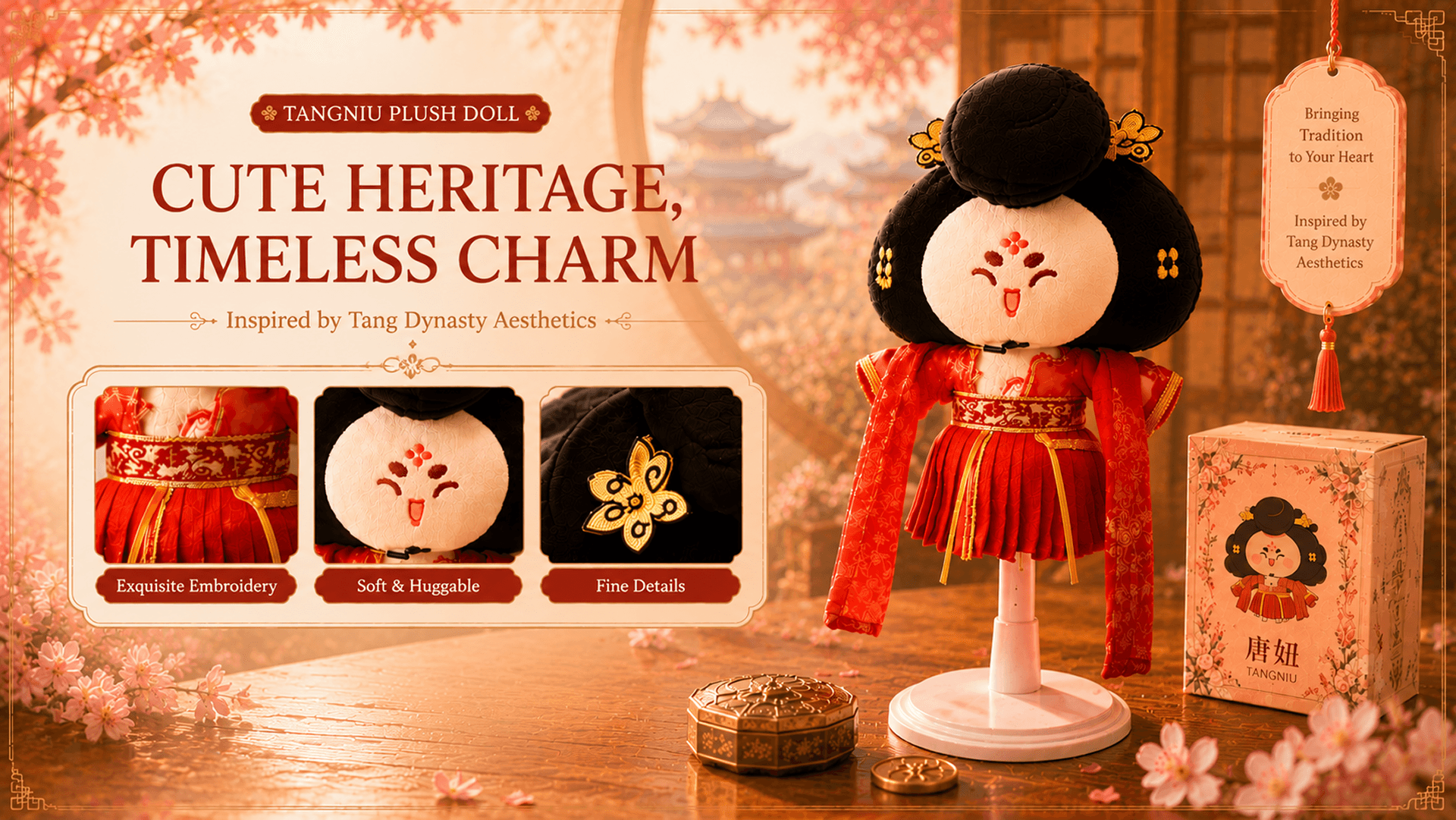 Tangniu plush doll product banner with Tang Dynasty inspired details